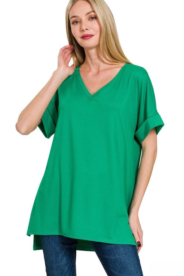 Zenana Brushed Rolled Short Sleeve V-Neck Top with Side Slits and High-Low Hemline Hot on Sale - Image 5