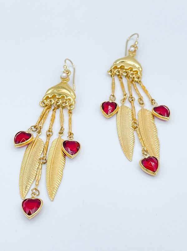 Raphael Vintage Earrings with Gold Feathers and Crystal Hearts Online now - Image 2