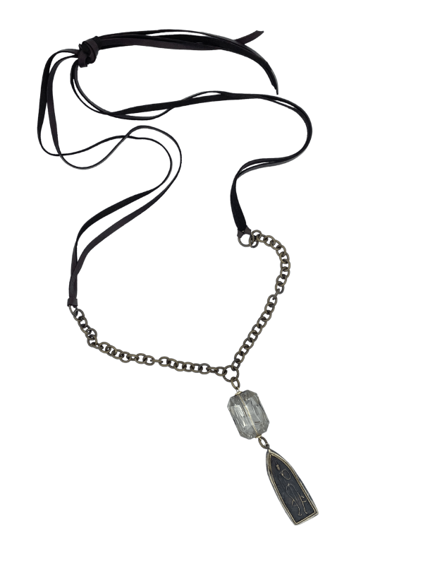 Long Statement Necklace with Leather, Chain, Large Crystal and Large Charm Cheap - Image 3