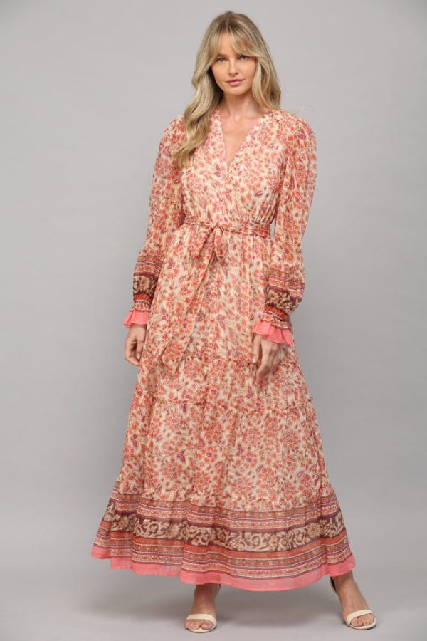 Fate Border Print Tie Waist Tiered Maxi Dress Online Hot Sale