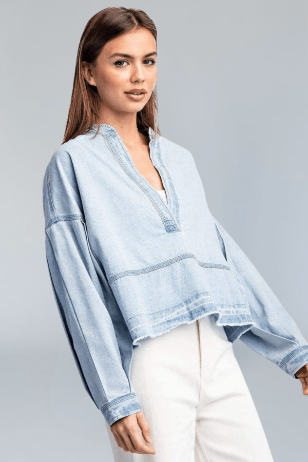 Light Wash Deep V-Neck Collared Denim Top with Exposed Stitching and Raw Hem Detailing For Cheap - Image 3