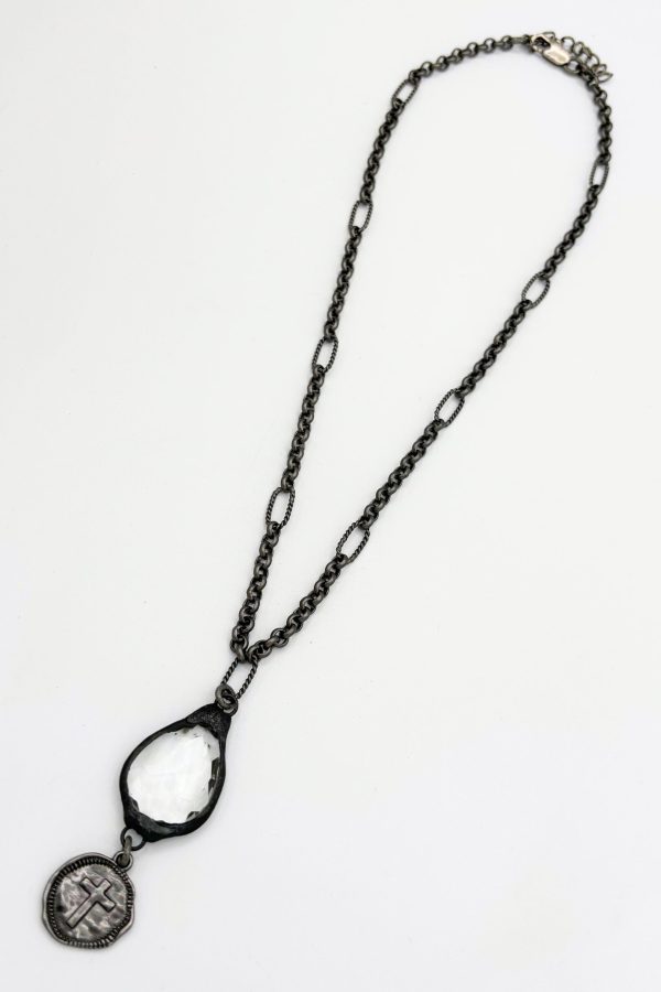 Small Soldered Teardrop Pendant with Dangling Wax Stamp Cross Charm Necklace Supply