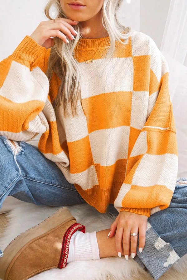 Game Day Cozy Checkerboard Sweater with Solid Colored Trim For Discount