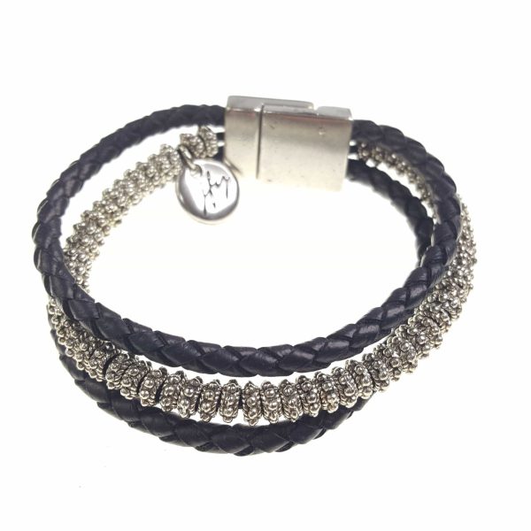 Three Strand Leather and Silver Bead Bracelet Online now