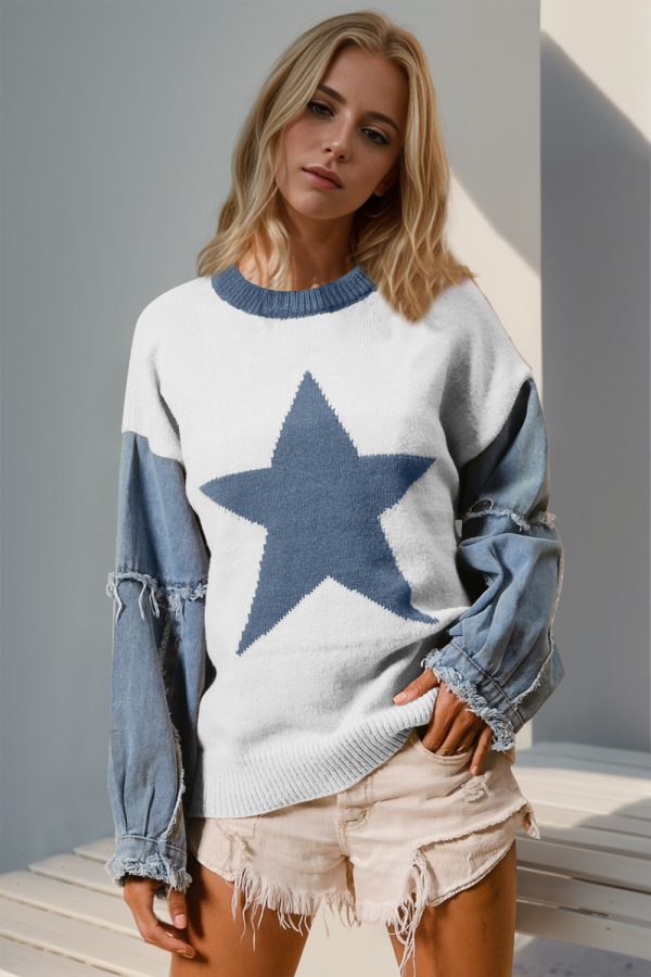 Hazel Blues® |  Double Take Star Pattern Raw Edge Long Sleeve Sweater on Sale - Image 5